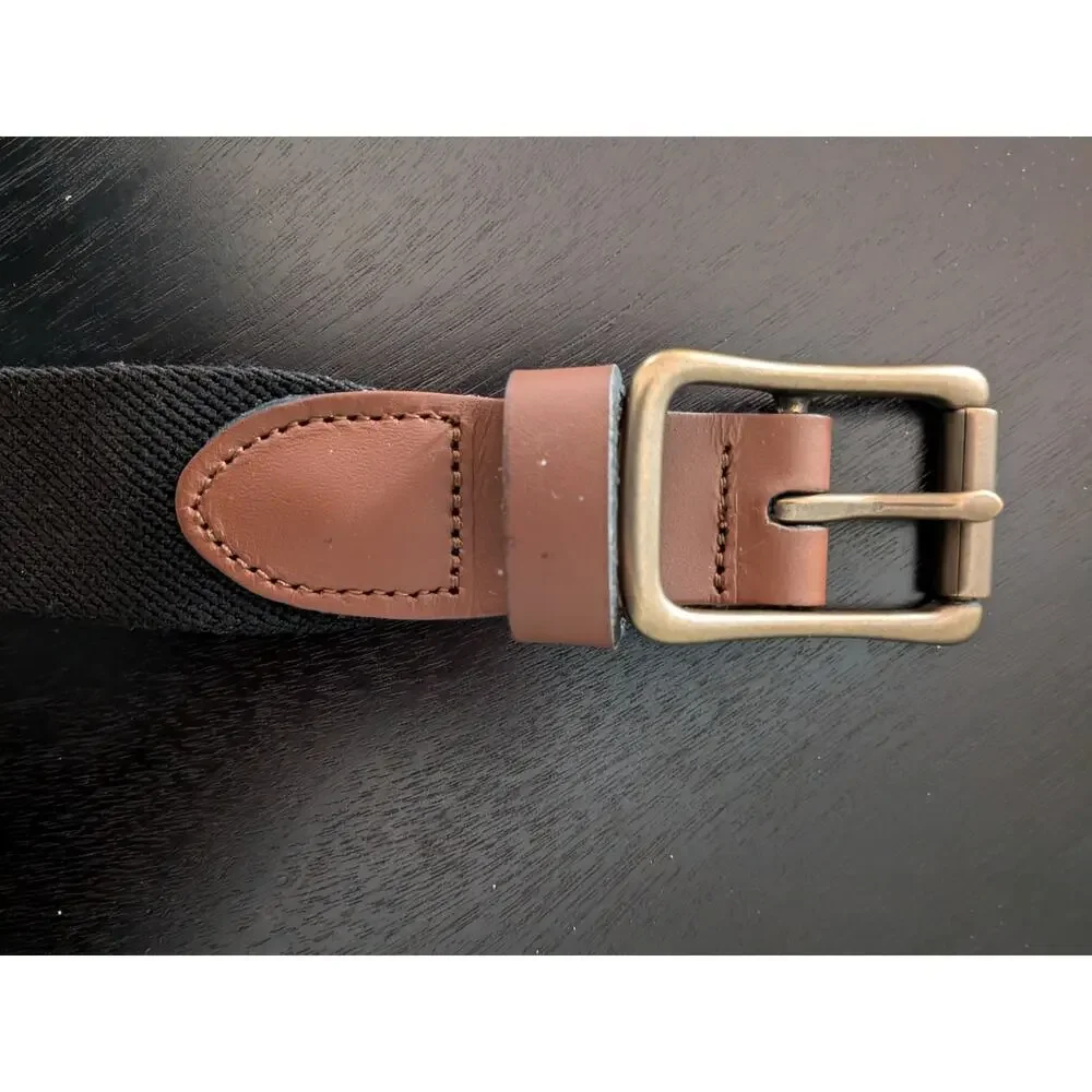 Lands' End Men's Stretch Belt Size 44 Black Elastic Cognac Leather Buckle
